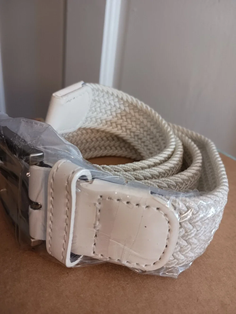 New Stretch Golf Belt , 45in Taupe /White 2in Silver-toned Buckle